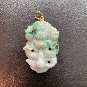 14K Solid Real Gold Carving Carved Dragon Grade A Jadeite Jade Pendant Large Men